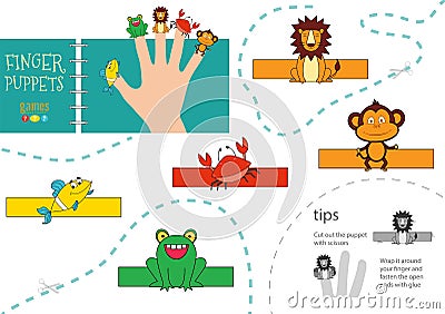 5 finger puppet vector animals. Cut and glue educational worksheet for preschool or school kids Vector Illustration