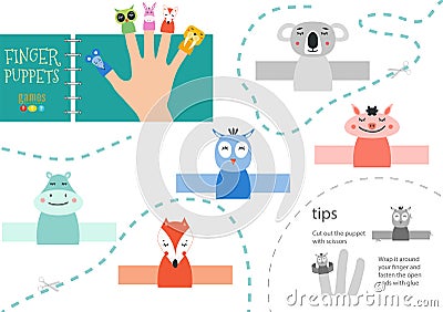 Finger puppet vector animals. Cut and glue educational worksheet for preschool or school kids Vector Illustration