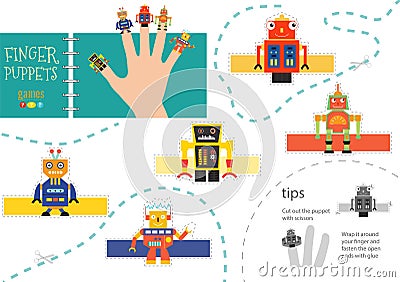Finger puppet vector robots. Cut and glue educational illustration for little children Vector Illustration