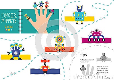 Finger puppet vector robots. Cut and glue educational illustration for little children Vector Illustration