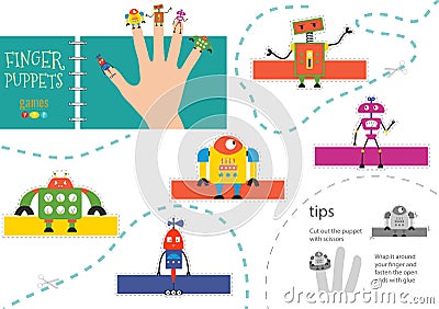 Finger puppet vector robots. Cut and glue educational worksheet for little children Vector Illustration