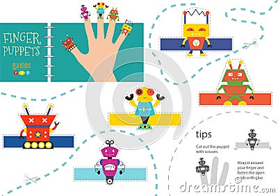 Finger puppet vector robots. Cut and glue educational worksheet for little children Vector Illustration