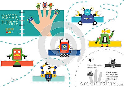 Finger puppet vector robots. Cut and glue educational worksheet for preschool or school kids Vector Illustration