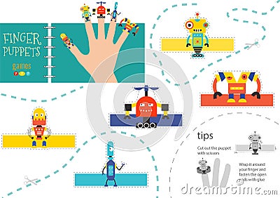 5 finger puppet vector robots. Cut and glue educational worksheet for preschool or school kids Vector Illustration