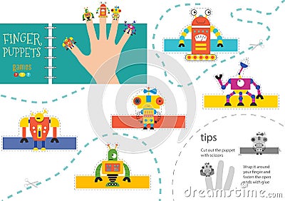 Finger puppet vector robots. Cut and glue simple educational worksheet for little children Vector Illustration