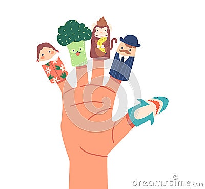 Finger Puppets Broccoli, Monkey, Shark, Girl and Gentleman. Baby Theatre Show, Fairy Tale Story Hand Toys Characters Vector Illustration