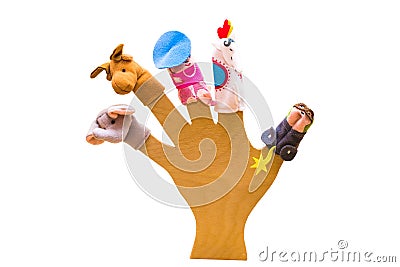 Finger puppets are worn on the fingers of the hand. On white background. In isolation Stock Photo