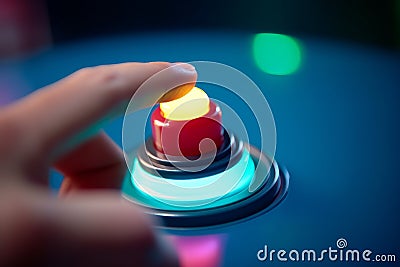 Finger pushes illuminated button. Generate ai Stock Photo