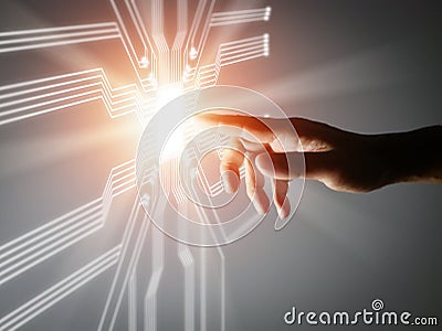 A Finger Pushes Touch Virtual Screen Button to Activate Futuristic Artificial Intelligence, AI. Machine Learning. Computer Stock Photo