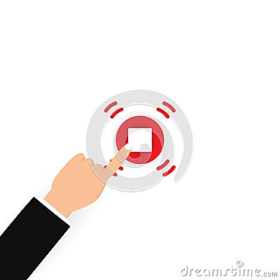 Finger pushing stop button icon concept, finger pointing on switch background flat design Vector Illustration