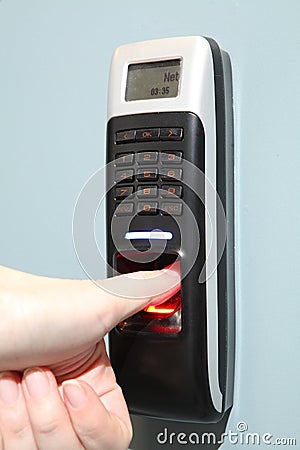 Finger scan security for entry server room. An Fingerprint machine server safety Stock Photo