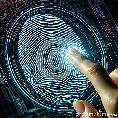 A finger scans a futuristic biometric sensor, leaving a glowing fingerprint pattern. Generative AI Stock Photo