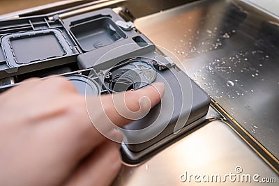 A finger showing on plastic detergent and conditioner dispenser of a dishwasher. Open container, compartment of a dishwashing Stock Photo