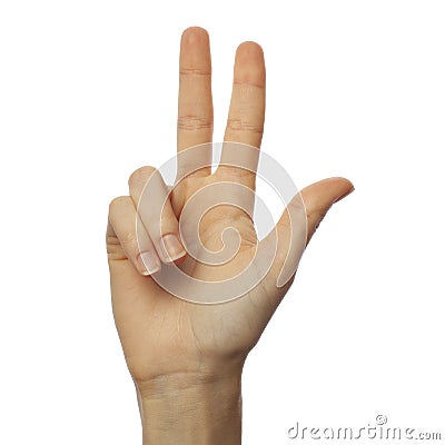 Finger spelling number 3 in Sign Language on white background. ASL concept Stock Photo