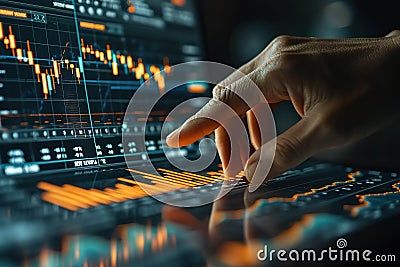 finger touch screen stock monitor pointing to analyze financial investment graphs, generative ai. Stock Photo