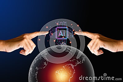 Finger touching on artificial intelligence or AI interface diagram and on blue background. Connection of technology and innovation Stock Photo