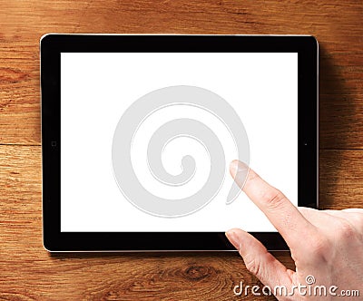 Finger Touching Digital Tablet with White Screen Stock Photo