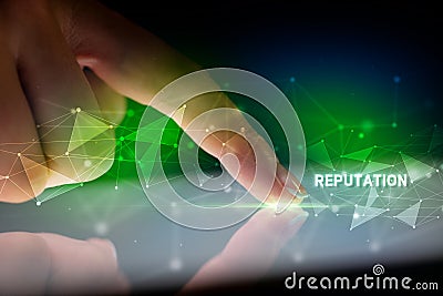 Finger touching tablet with business connection concept Stock Photo