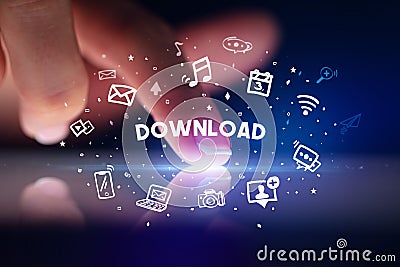 Finger touching tablet with social media icons concept Stock Photo