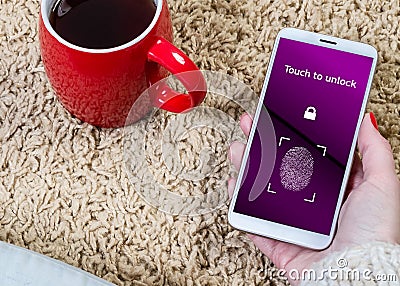 Fingerprint access code. biometric control. authority identity. scanner security. mobile phone Stock Photo