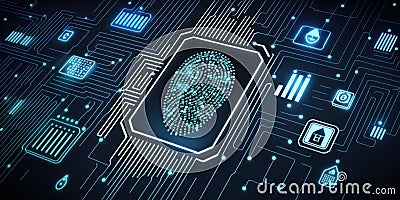 Fingerprint authentication to access secured computer network & digital system. Cyber security with biometrics technology. Stock Photo