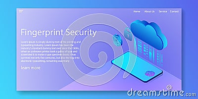 Fingerprint biometrics security technology on a smartphone with Cloud data encryption services.Web template design.vector Cartoon Illustration