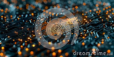 Fingerprint on a Circuit Board: Representing Digital Forensics, Cybersecurity, and Data Analysis. Stock Photo