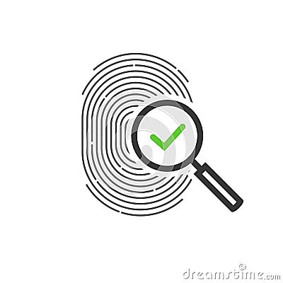 Fingerprint identification check or access approved vector icon, line outline art design of thumb print and magnifying Vector Illustration