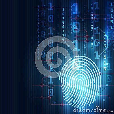 Fingerprint integrated in a printed circuit, releasing binary codes. finger print Scanning Identification System. Biometric Author Vector Illustration
