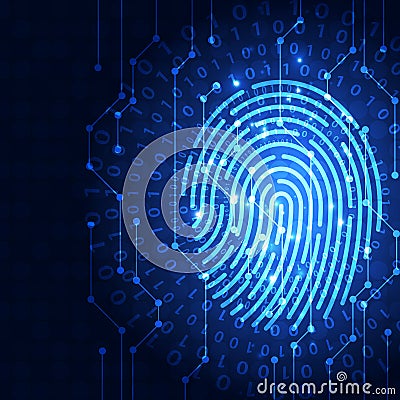 Fingerprint integrated in a printed circuit, releasing binary codes. fingerprint Scanning Identification System Security Concept. Vector Illustration