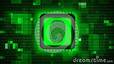 Fingerprint logo on chip sensor - abstract background in green of blurred binary code - security scanning identification concept Cartoon Illustration