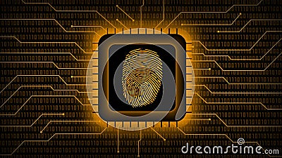 Fingerprint logo on chip sensor - abstract background in orange of blurred binary code behind information connecting lines Cartoon Illustration