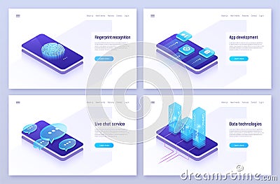 Fingerprint recognition, mobile app development, live chat service, digital information technologies isometric concepts. Vector Illustration