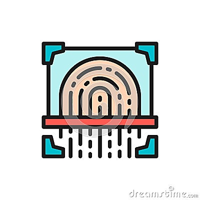 Fingerprint scan, cryptographic signature, identity flat color line icon. Vector Illustration