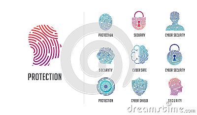 Fingerprint scan logo, privacy, cyber security ,identity information and network protection. Person head, brain, cloud Vector Illustration