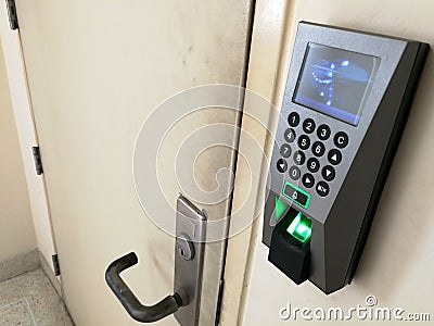 Fingerprint Scanner of front Machine room Stock Photo