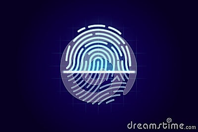 Fingerprint scanner, identification system. Personal biometric information concept. Finger print scanning on a blue backgrond. Cartoon Illustration