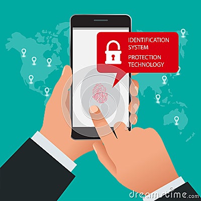 Fingerprint scanner, Identification system, Protection technology concept. Vector illustration of mobile phone security Vector Illustration