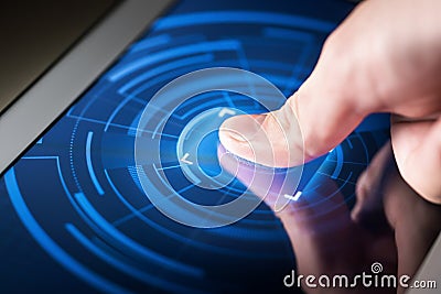 Fingerprint scanner on smart electronic screen. Digital security system technology. Stock Photo