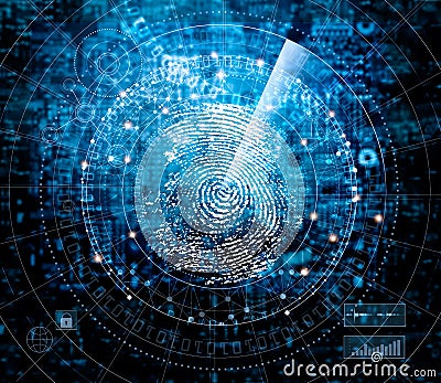 Fingerprint scanning and searching identity on blue cyber tech Stock Photo