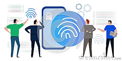 fingerprint secure access lock smartphone team working on security code review analyze Vector Illustration
