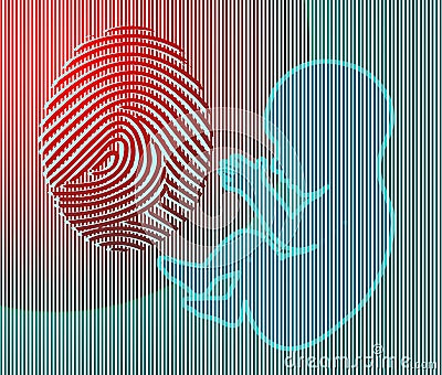 A fingerprint is seen with a human fetus in a 3-d illustration about if or when does a fetus become a human being Cartoon Illustration