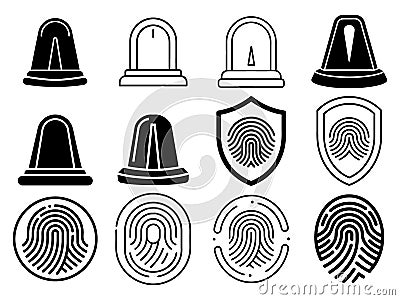 Fingerprint & Siren Icons Security, Biometric, Authentication, Access Control Set Vector Illustration