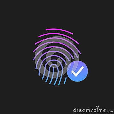 Fingerprint Success Icon, thumbprint with checkmark. vector illustration isolated on black background Cartoon Illustration