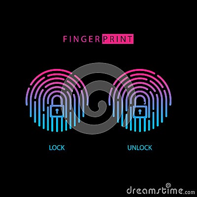 Fingerprint touch ID icon with padlock sign. Lock and unlock. Vector Illustration