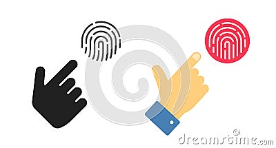 Fingerprint touch pointer icon vector graphic set, flat finger thumb print id click symbol simple shape silhouette, biometric Vector Illustration