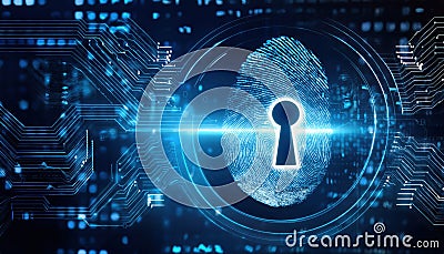 Fingerprinted pad with key inside unlocking digital smart contract surrounded by security encryption Stock Photo