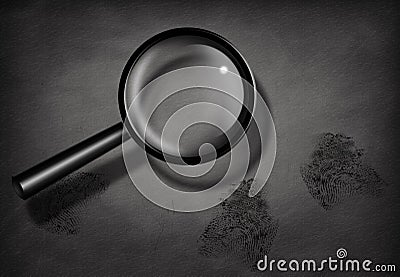 Fingerprints and Magnifying Glass Stock Photo