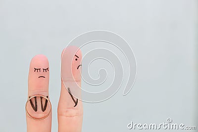 Fingers art of couple. Concept woman made an offer to get married, man refused Stock Photo