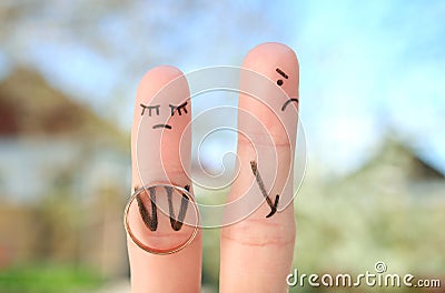 Fingers art of couple. Concept woman made an offer to get married, man refused Stock Photo